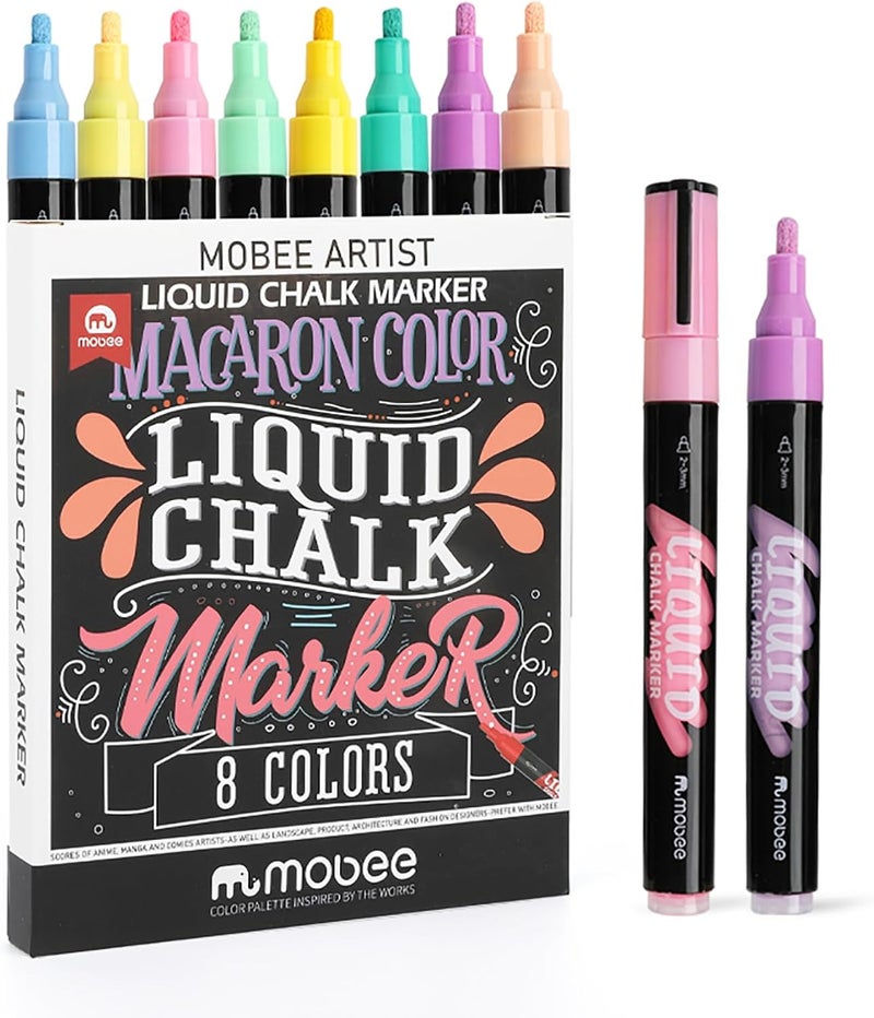 Mobee Liquid Chalk Markers, 8 Pack Pastel Colors with 2-3mm Bullet Tip | For Chalkboard, Menu Board,Blackboard,Glass, Car Window & Non-Porous Surfaces | Dust-Free, Easy to Wipe Off, Odorless & Non-Toxic - Image 1